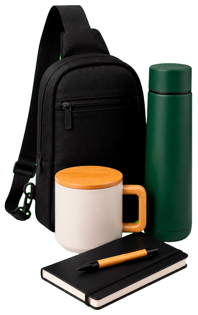 Kit con morral, taza y botella térmica